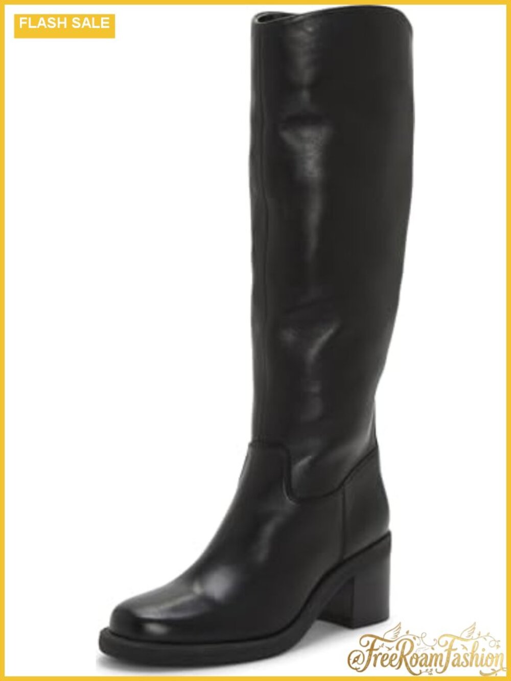 Leather Knee-High Equestrian Boots Block Heel Wide Calf Almond Toe